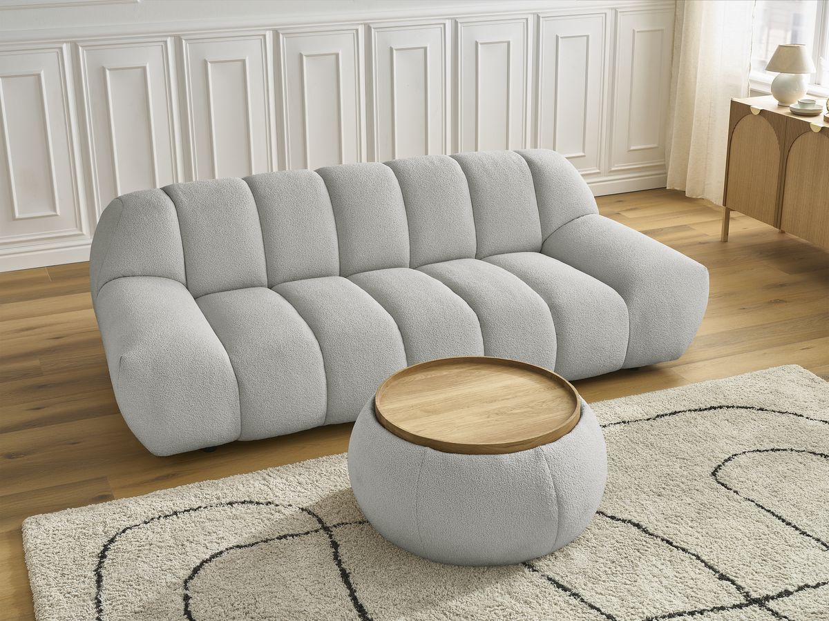 Bobochic Hayden Sofa 2-Sitzer mit Pouf Bouclé-Stoff Hellgrau