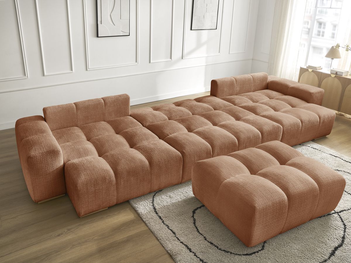 Bobochic Anakin Wohnlandschaft mit Pouf, Liegefläche 137 × 382 cm, 10 Kissen Strukturstoff Orange
