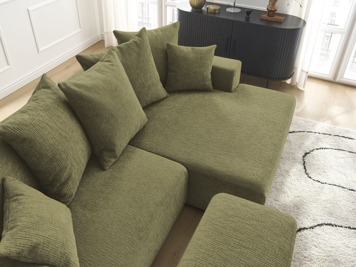 Bobochic Atilla Ecksofa mit Schlaffunktion und Bettkasten und Pouf Strukturstoff Grün Ecke rechts