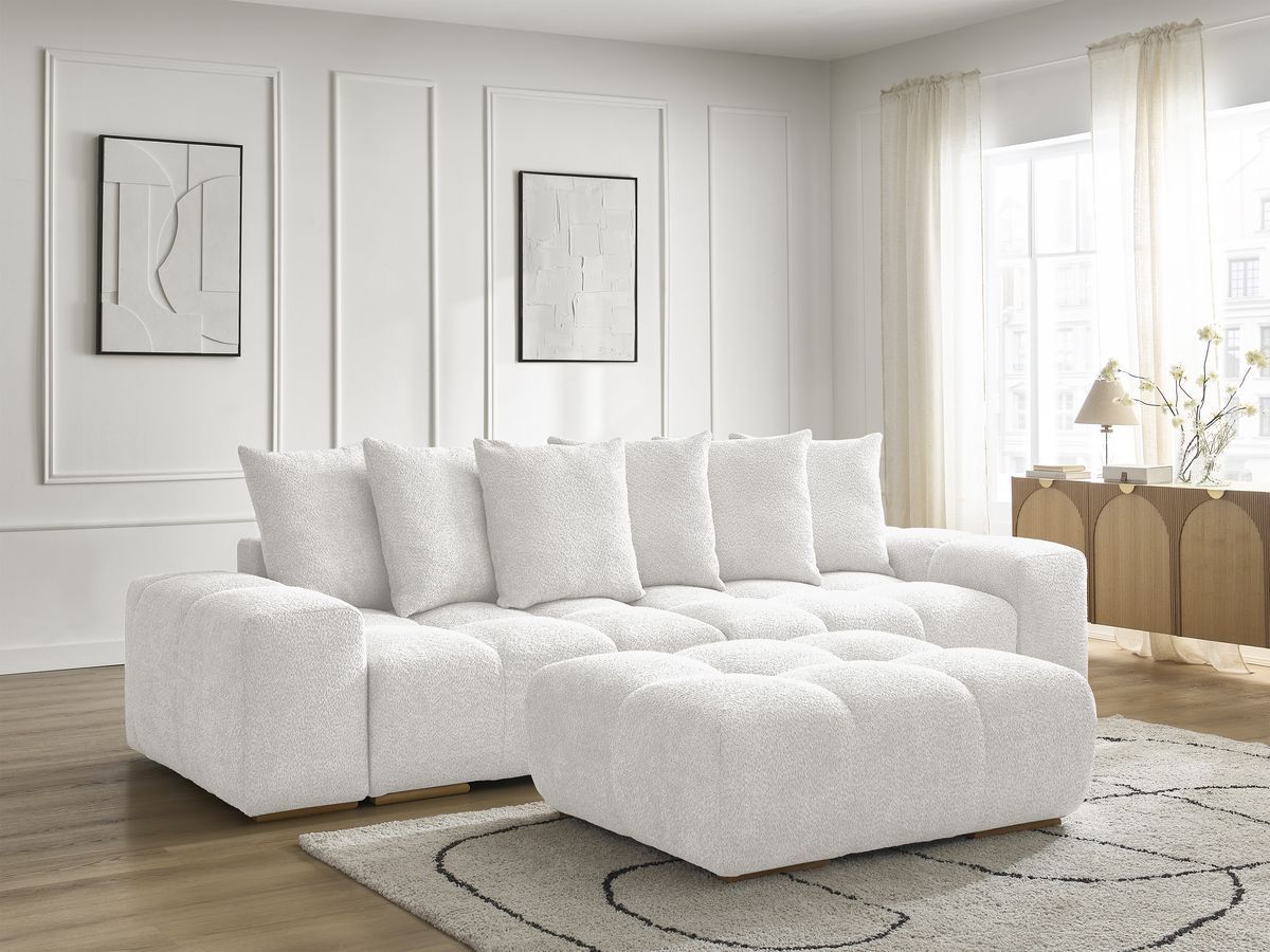 Bobochic Anakin Sofa 3-Sitzer mit Pouf, 6 Kissen Bouclé-Stoff Weiß