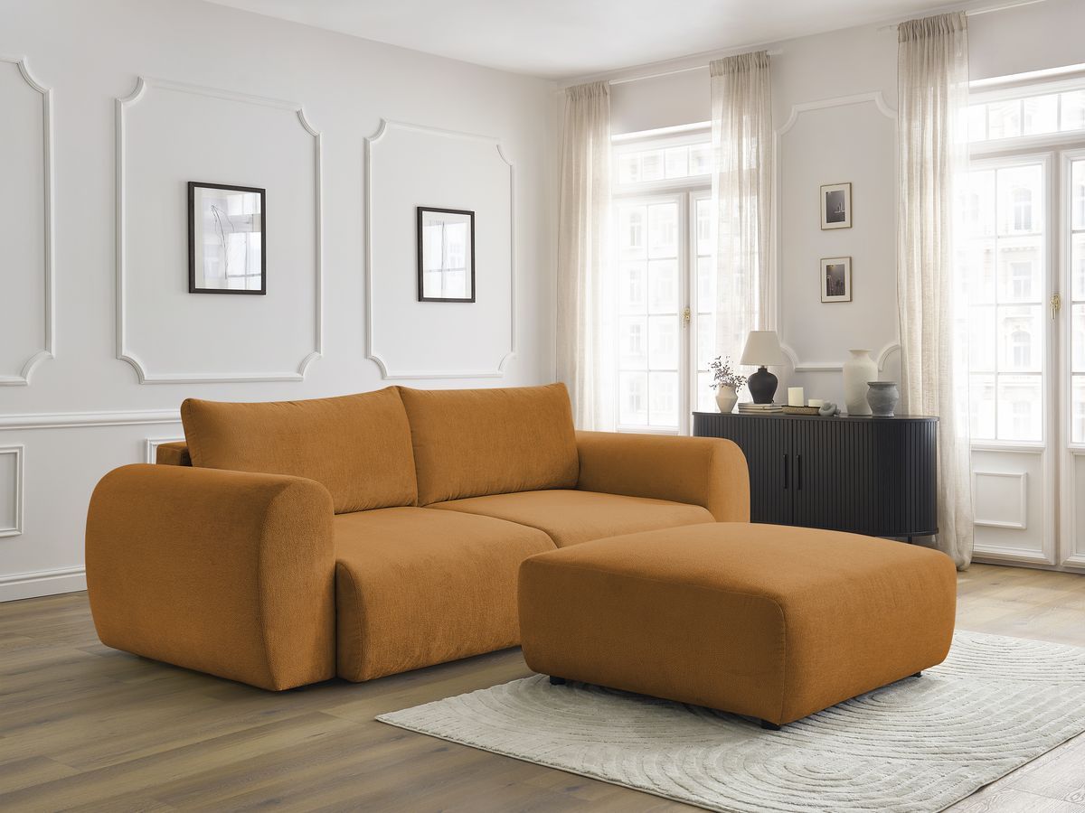 Bobochic Lucien Schlafsofa 4-Sitzer mit Bettkasten und Pouf Stoff Gelb