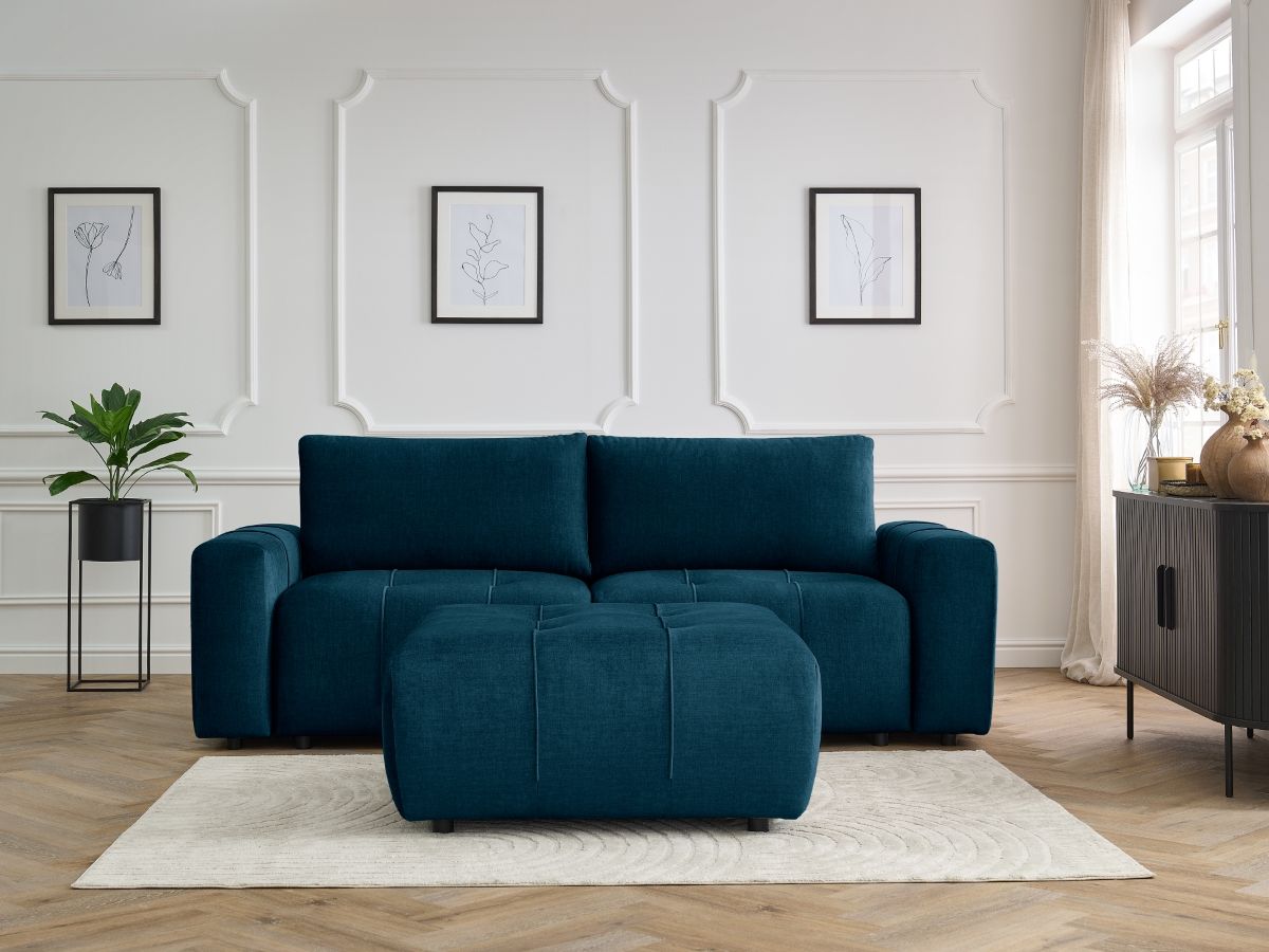 Bobochic Arsene Schlafsofa 4-Sitzer mit Bettkasten und Pouf Samt Blau