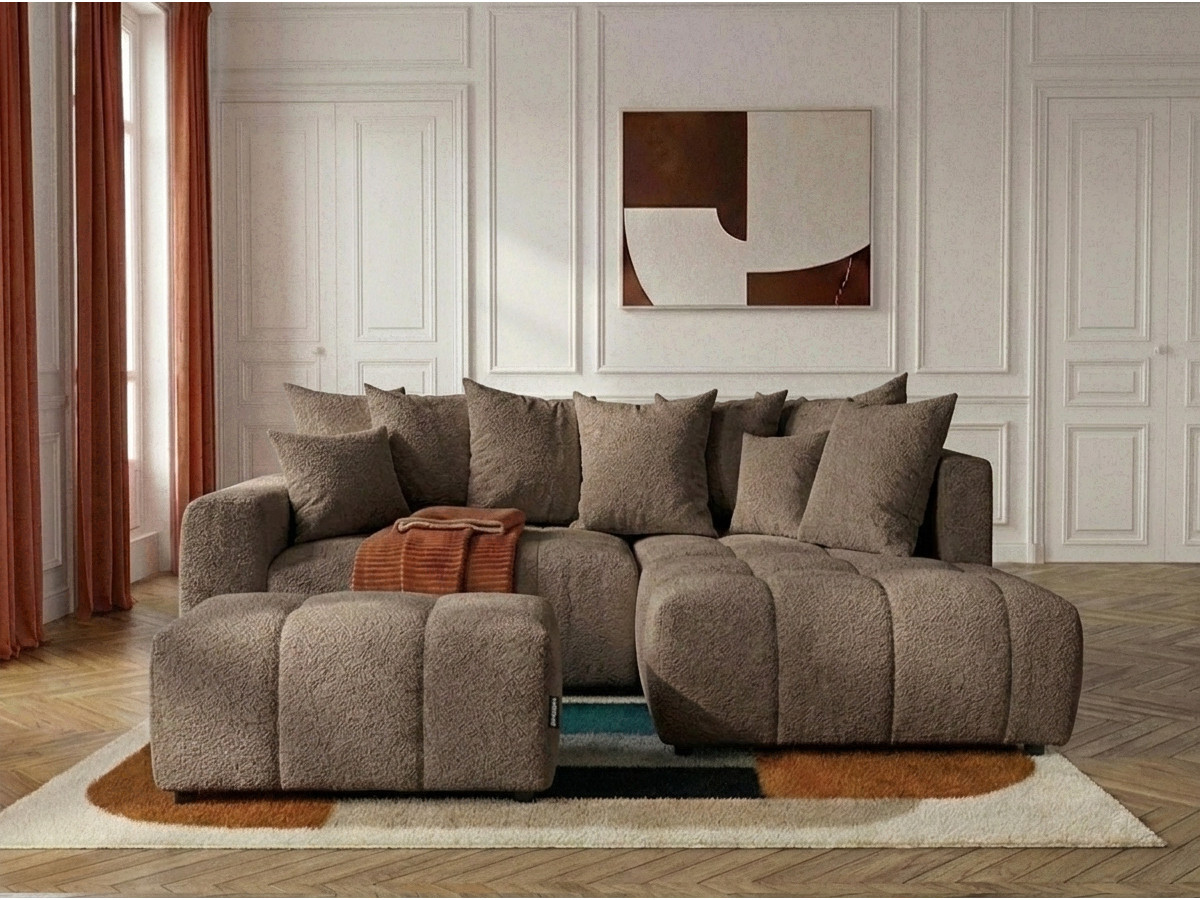 Bobochic Roxelane Ecksofa mit Schlaffunktion und Bettkasten und Pouf Bouclé-Stoff Braun Ecke rechts