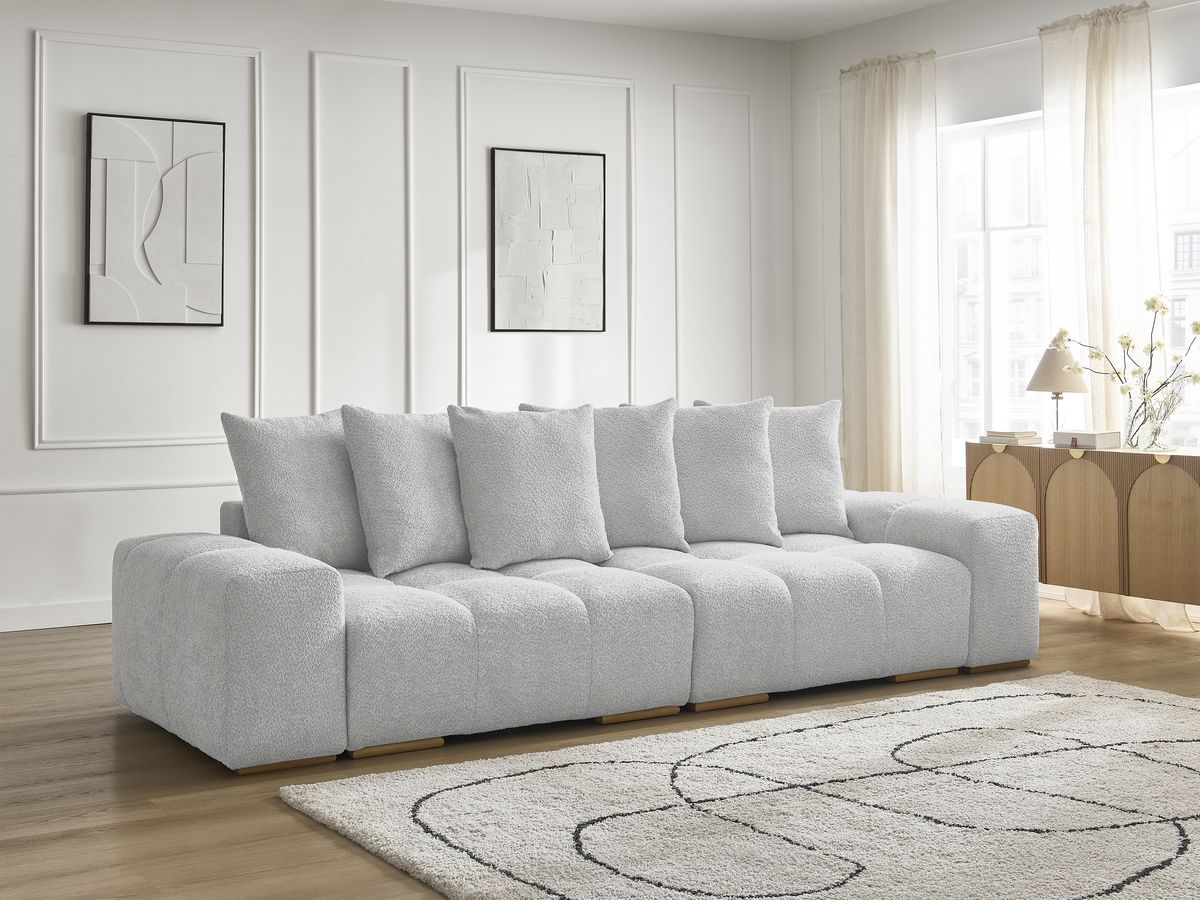 Bobochic Anakin Schlafsofa 3-Sitzer mit Bettkasten, 6 Kissen Bouclé-Stoff Hellgrau