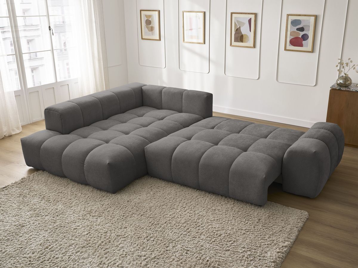 Bobochic Everest Ecksofa mit Schlaffunktion und Bettkasten 320 × 212 cm, 10 Kissen Strukturstoff Dunkelgrau Ecke links