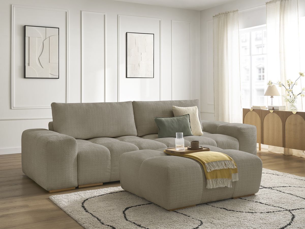 Bobochic Anakin Schlafsofa 3-Sitzer mit Bettkasten und Pouf, 2 Kissen Strukturstoff Taupe