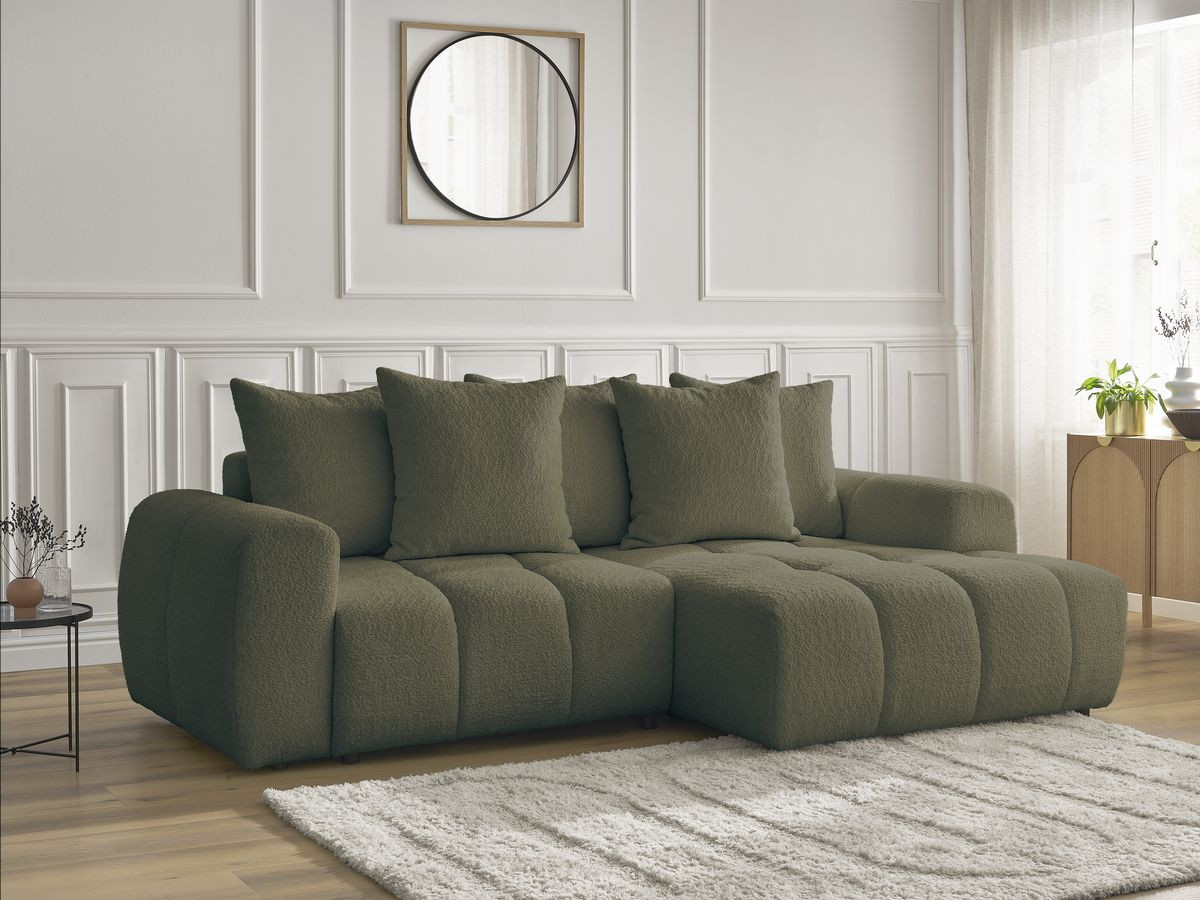 Bobochic Roxelane Ecksofa mit Schlaffunktion und Bettkasten 258 × 150 cm Bouclé-Stoff Grün Ecke rechts