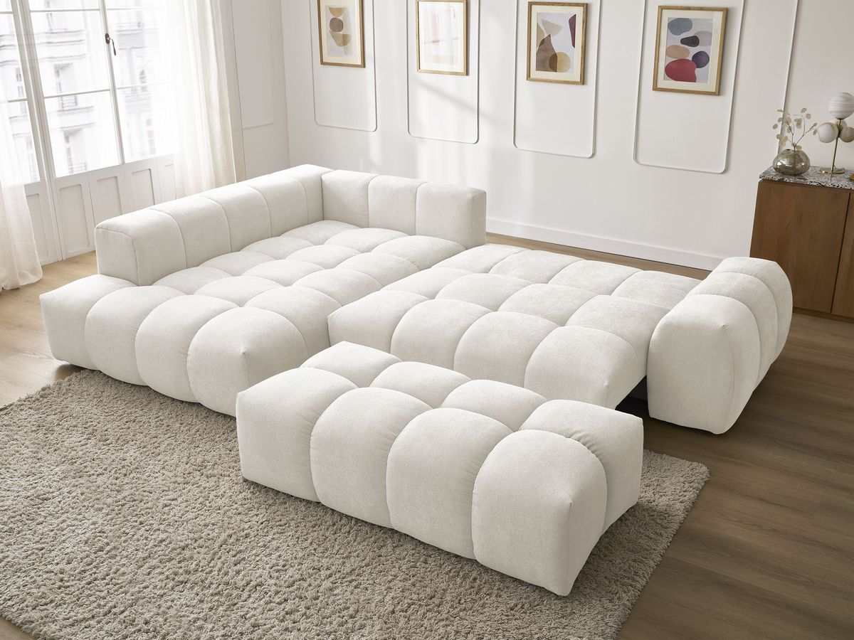 Bobochic Everest Ecksofa mit Schlaffunktion und Bettkasten und Pouf 320 × 212 cm, 10 Kissen Strukturstoff Weiß Ecke links
