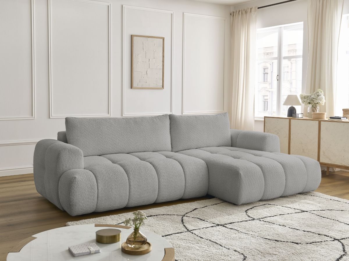 Bobochic Fuji Ecksofa mit Schlaffunktion und Bettkasten 292 × 160 cm Bouclé-Stoff Hellgrau Ecke rechts