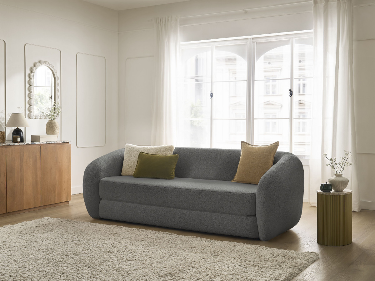 Bobochic Neyo Schlafsofa 3-Sitzer Bouclé-Stoff Dunkelgrau