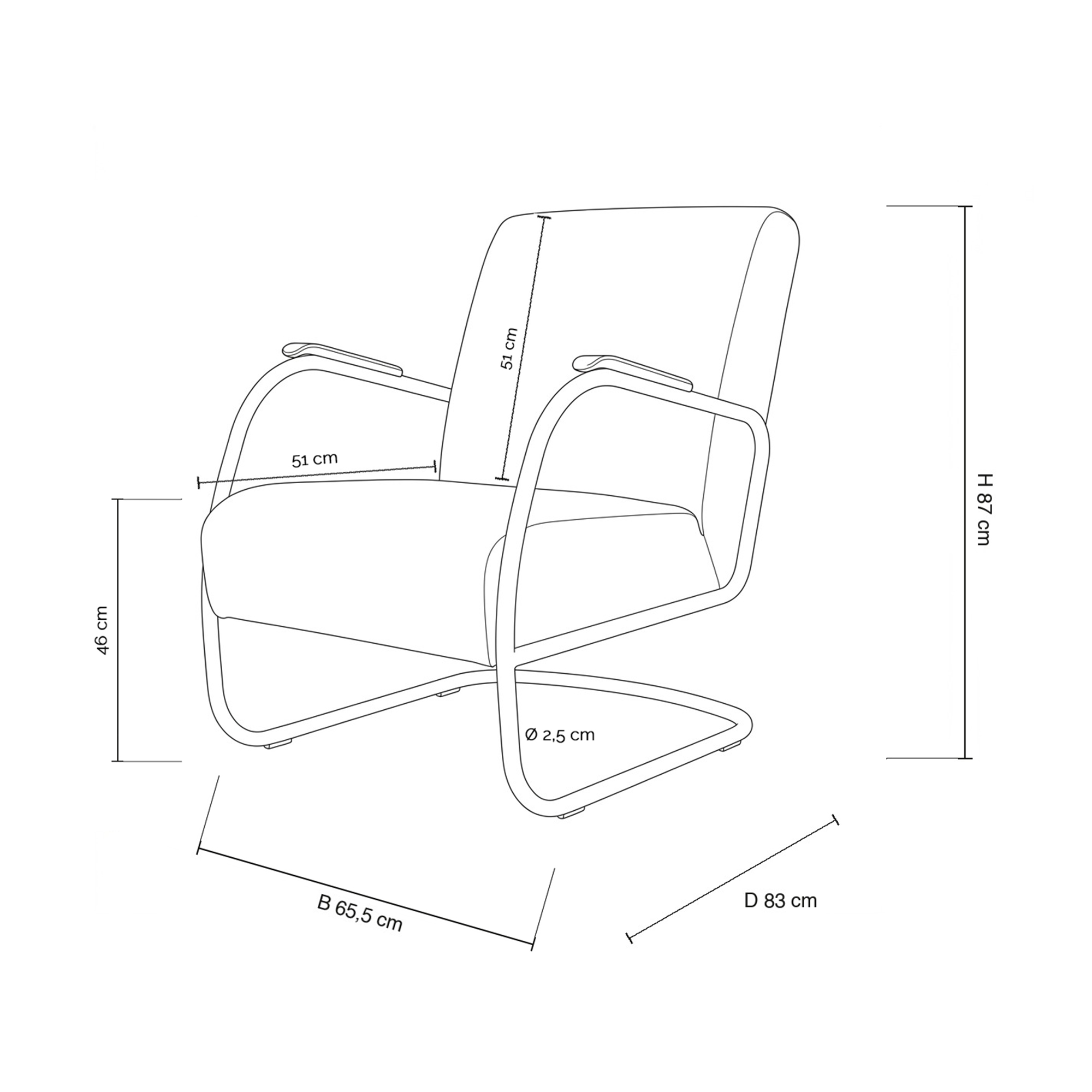Maßzeichnung Spinder Design Retro Sessel – Höhe 87 cm, Tiefe 83 cm, Breite 65,5 cm, Sitzhöhe 46 cm, Sitzbreite 51 cm, Rückenlehne 51 cm