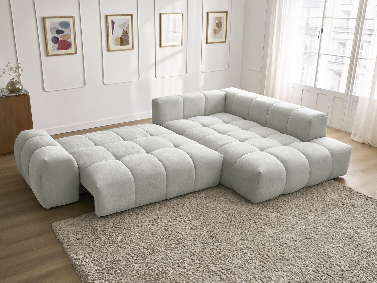 Bobochic Everest Ecksofa mit Schlaffunktion und Bettkasten 320 × 212 cm, 5 Kissen Strukturstoff Hellgrau Ecke rechts