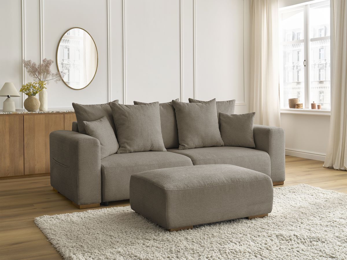 Bobochic Sidonie Schlafsofa 4-Sitzer mit Bettkasten und Pouf Melange-Stoff Taupe