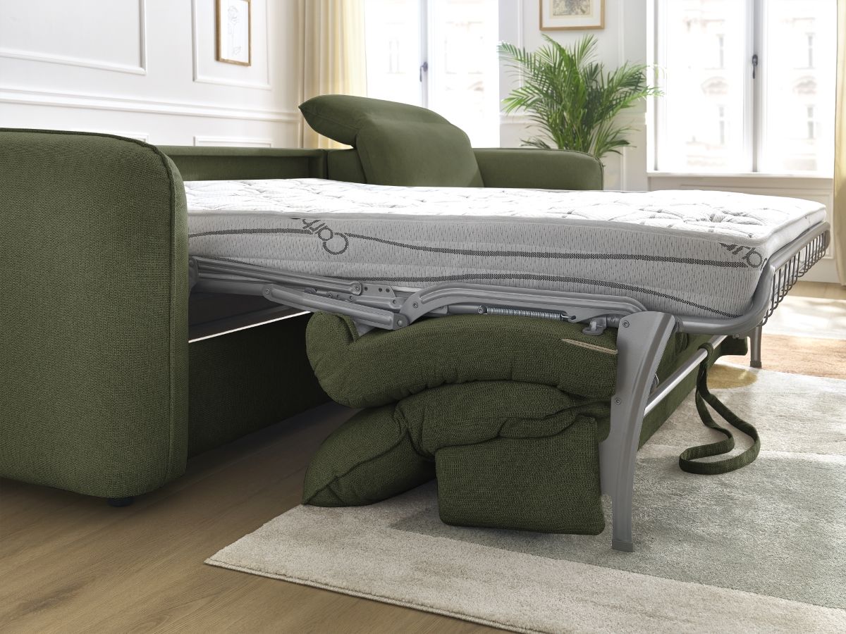 Bobochic Achille Ecksofa mit Schlaffunktion und Bettkasten Melange-Stoff Grün, Liegefläche 140 × 200 cm