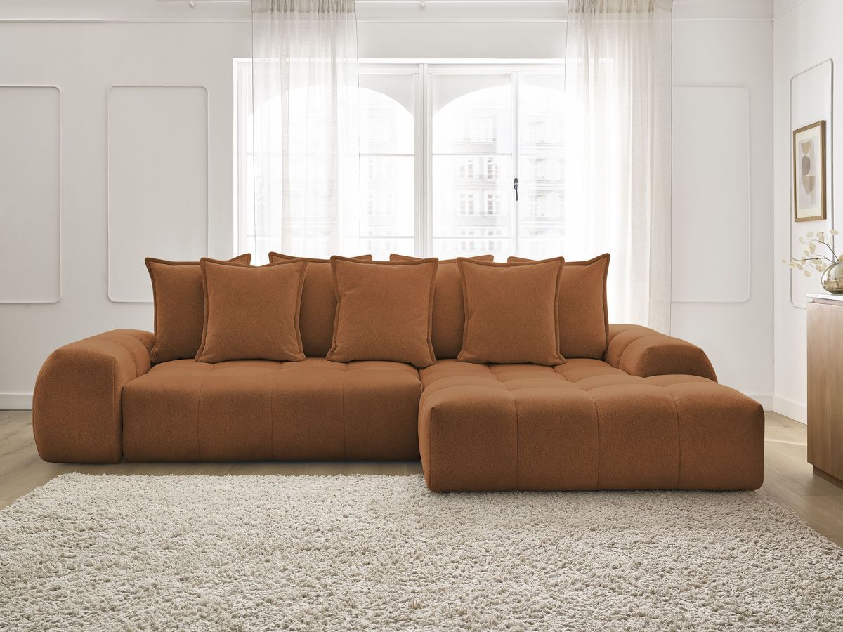 Bobochic Everest Ecksofa mit Schlaffunktion und Bettkasten 318 × 180 cm, 7 Kissen Melange-Stoff Orange Ecke rechts