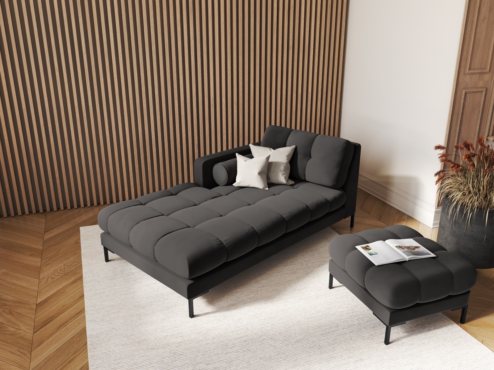 Cosmopolitan Design Chaiselongue Bali Samt Bluvel Dunkelgrau Melange Links Beine Schwarzes Metall