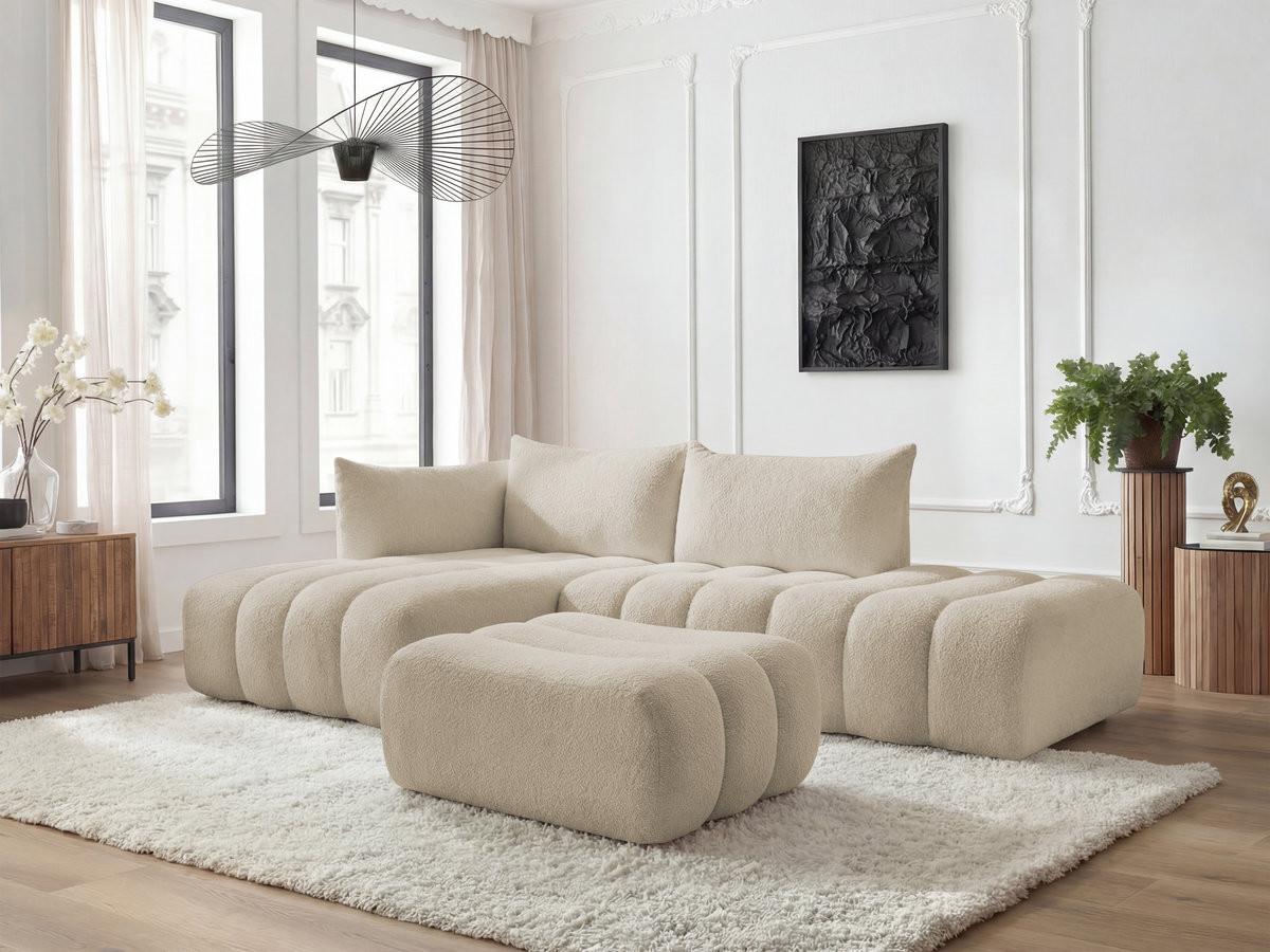 Bobochic Azra Ecksofa mit Pouf 319 × 178 cm Bouclé-Stoff Beige Ecke links