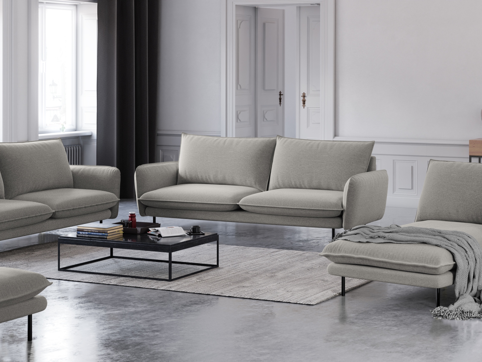 Cosmopolitan Design Sofa Vienna 4-Sitzer Strukturierter Stoff Asgard/Positano Hellgrau Beine Schwarzes Metall
