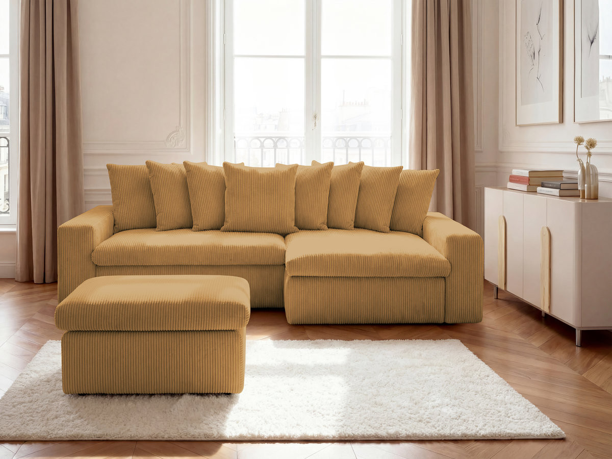 Bobochic Enore Ecksofa mit Pouf Cordsamt Gelb Ecke rechts