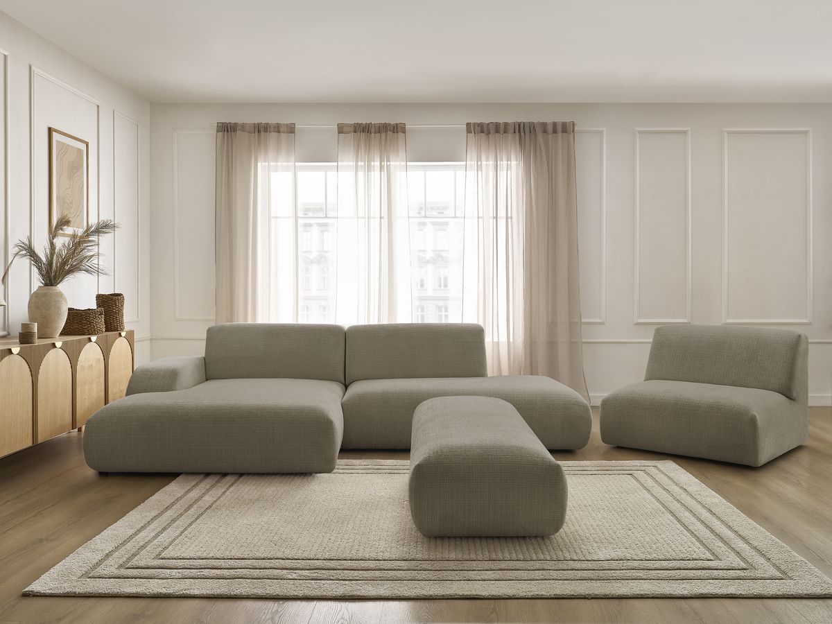 Bobochic Sirius Ecksofa mit Pouf 405 × 170 cm Strukturstoff Taupe Ecke links