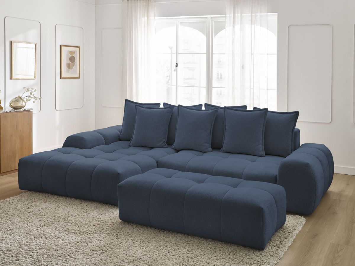 Bobochic Everest Ecksofa mit Schlaffunktion und Bettkasten und Pouf 318 × 180 cm, 7 Kissen Melange-Stoff Dunkelblau Ecke links