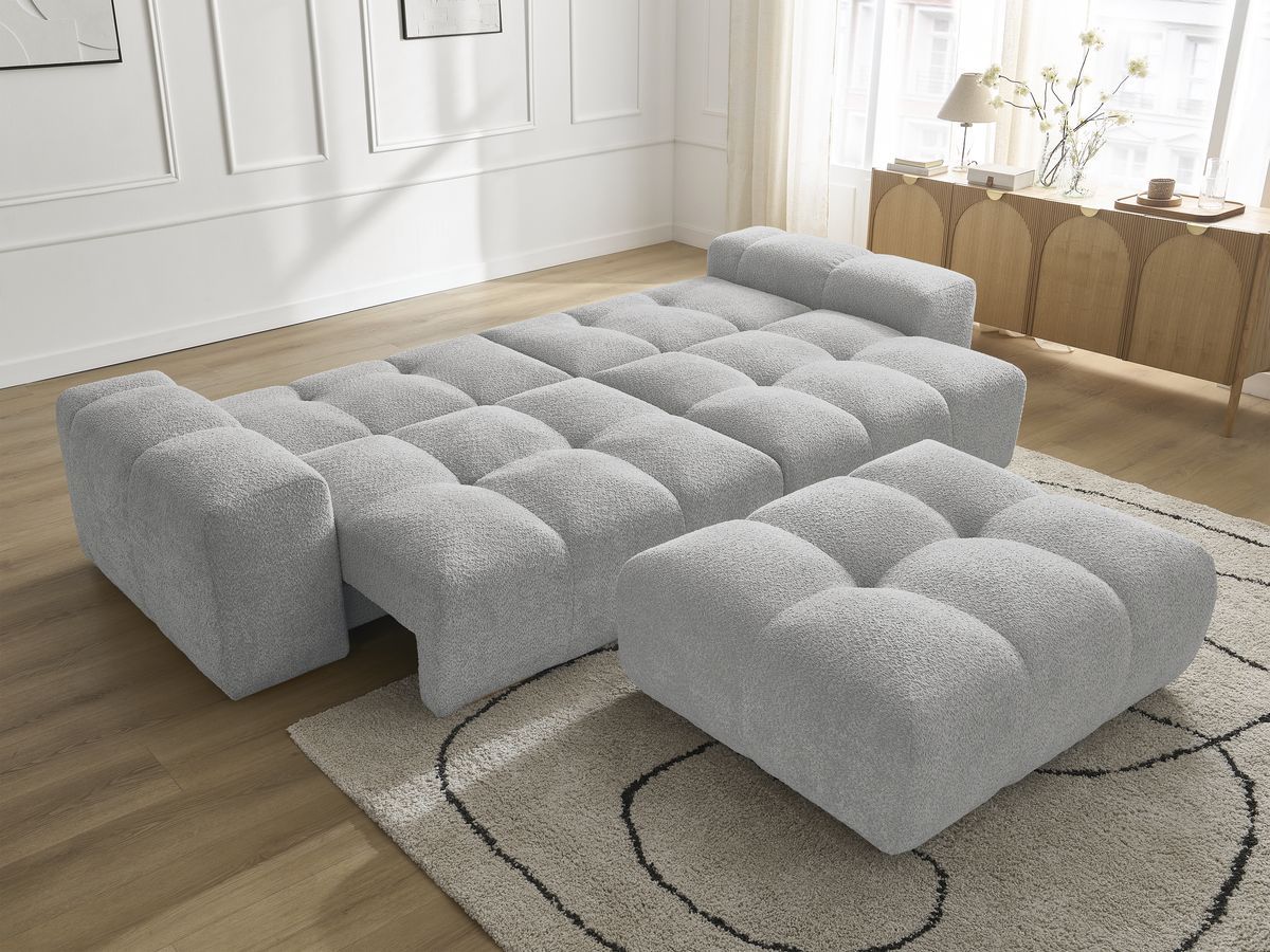 Bobochic Anakin Schlafsofa 3-Sitzer mit Bettkasten und Pouf, 2 Kissen Bouclé-Stoff Hellgrau