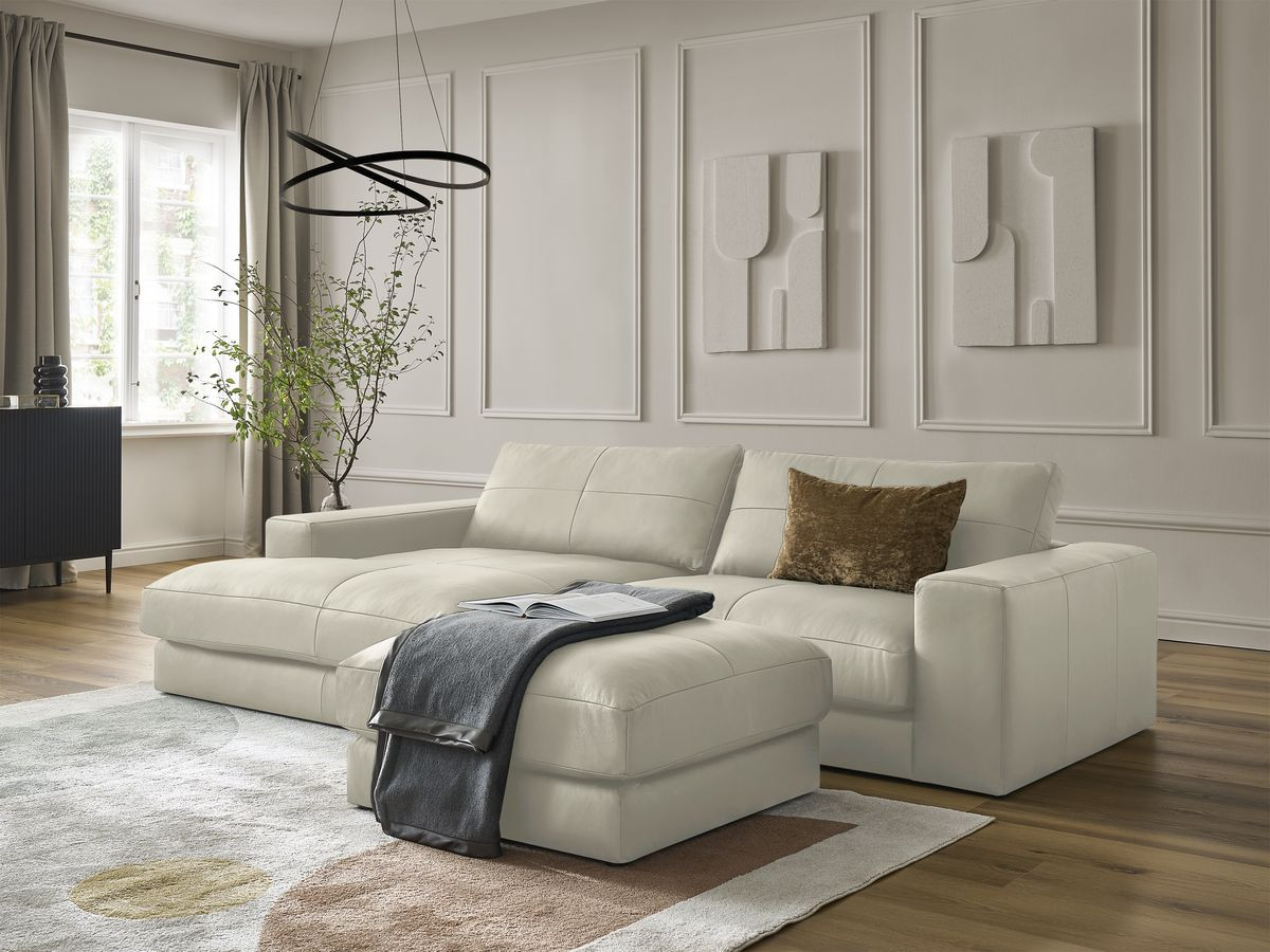 Bobochic Leonard Ecksofa mit Pouf 274 × 159 cm Leder Beige Ecke links