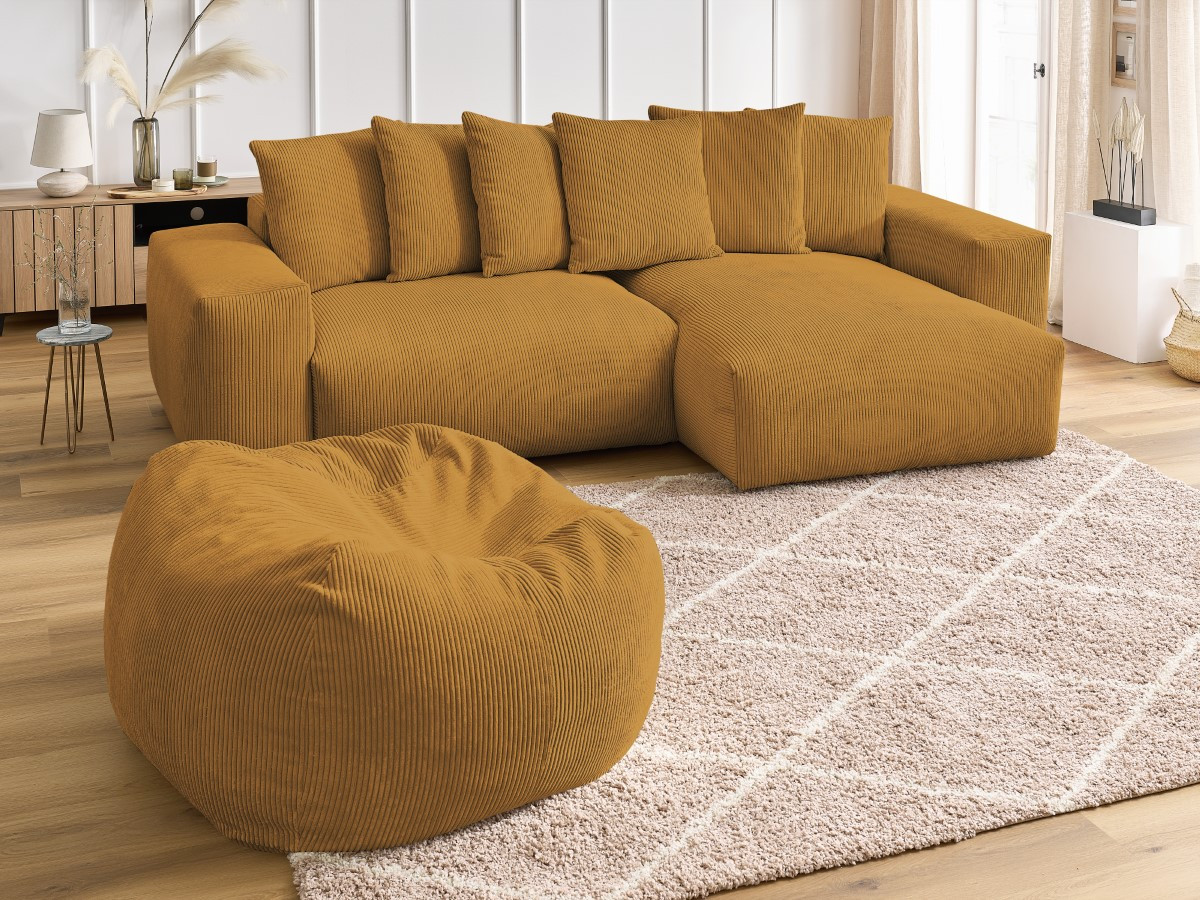 Bobochic Voltaire Ecksofa mit Pouf 310 × 174 cm Cordsamt Gelb