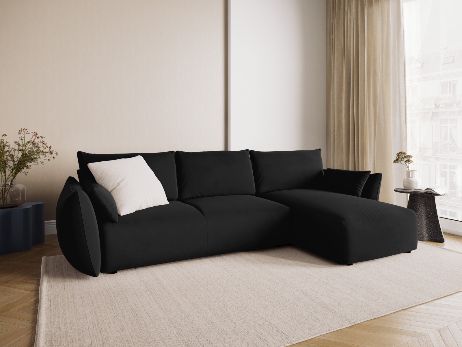 Cosmopolitan Design Ecksofa Matera 4-Sitzer mit Schlaffunktion Samt Salvador Schwarz Rechts