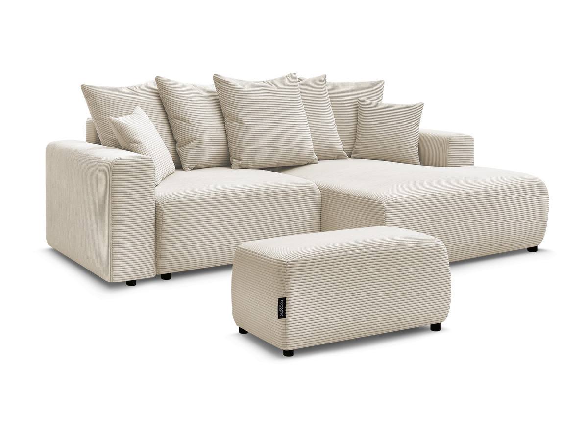 Bobochic Atilla Ecksofa mit Schlaffunktion und Bettkasten und Pouf Cordsamt Beige Ecke rechts