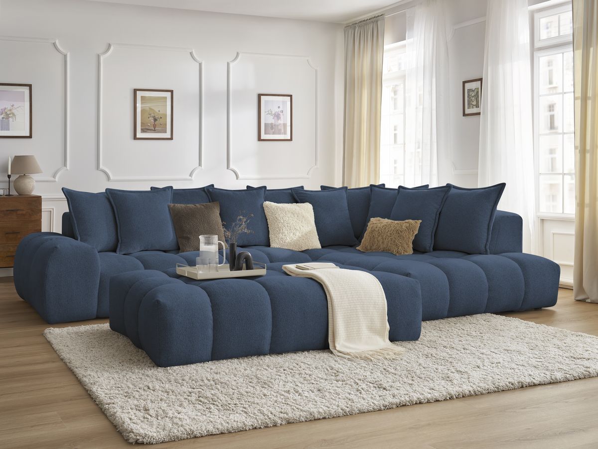 Bobochic Everest Ecksofa mit Schlaffunktion und Pouf, 10 Kissen Melange-Stoff Dunkelblau Ecke rechts