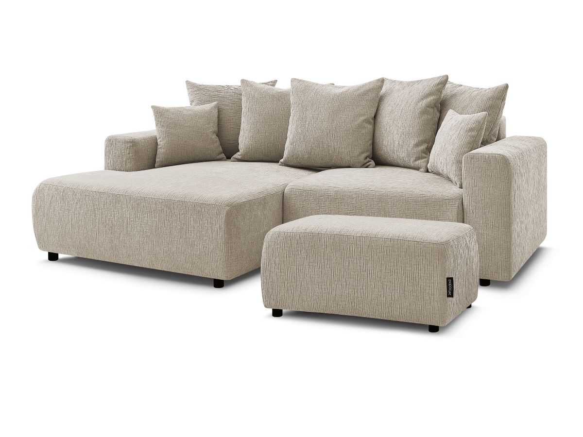 Bobochic Atilla Ecksofa mit Schlaffunktion und Bettkasten und Pouf Strukturstoff Beige Ecke links