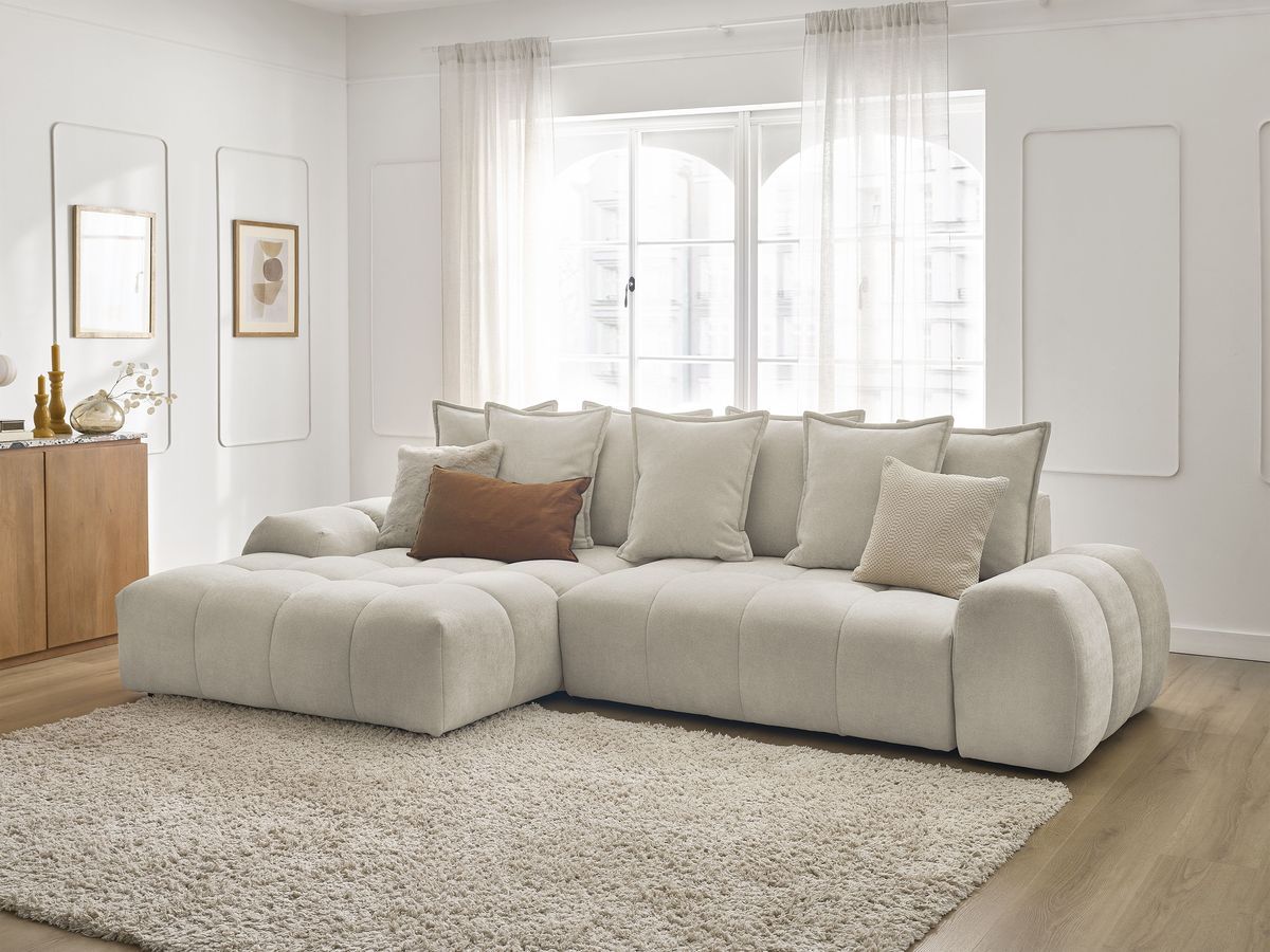Bobochic Everest Ecksofa mit Schlaffunktion und Bettkasten 318 × 180 cm, 7 Kissen Strukturstoff Beige Ecke links