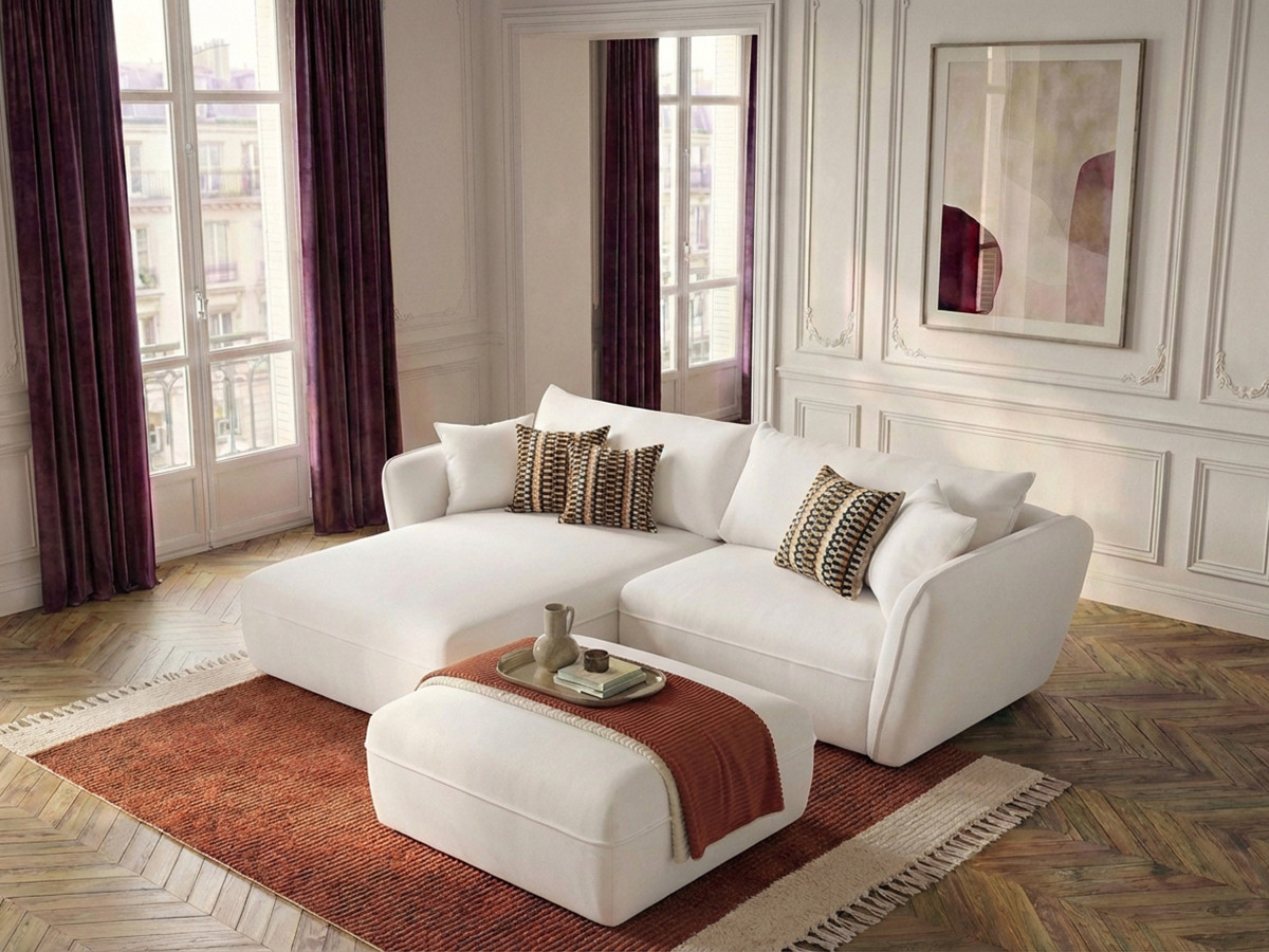 Bobochic Luigi Ecksofa mit Pouf Strukturstoff Weiß Ecke links