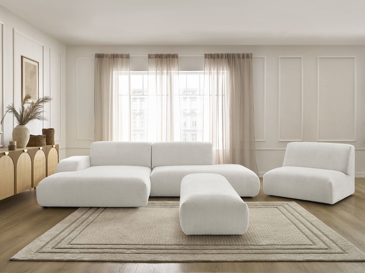 Bobochic Sirius Ecksofa mit Pouf 405 × 170 cm Strukturstoff Weiß Ecke links