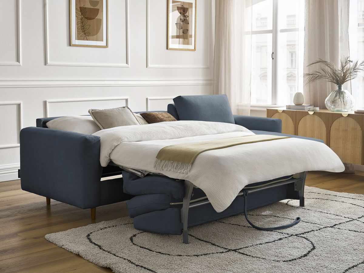 Bobochic Cocoone Ecksofa mit Schlaffunktion und Bettkasten Stoff Dunkelblau, Liegefläche 160 × 200 cm