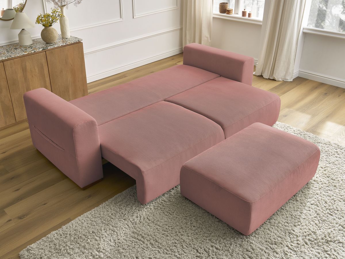 Bobochic Sidonie Schlafsofa 4-Sitzer mit Bettkasten und Pouf Cordsamt Rosa