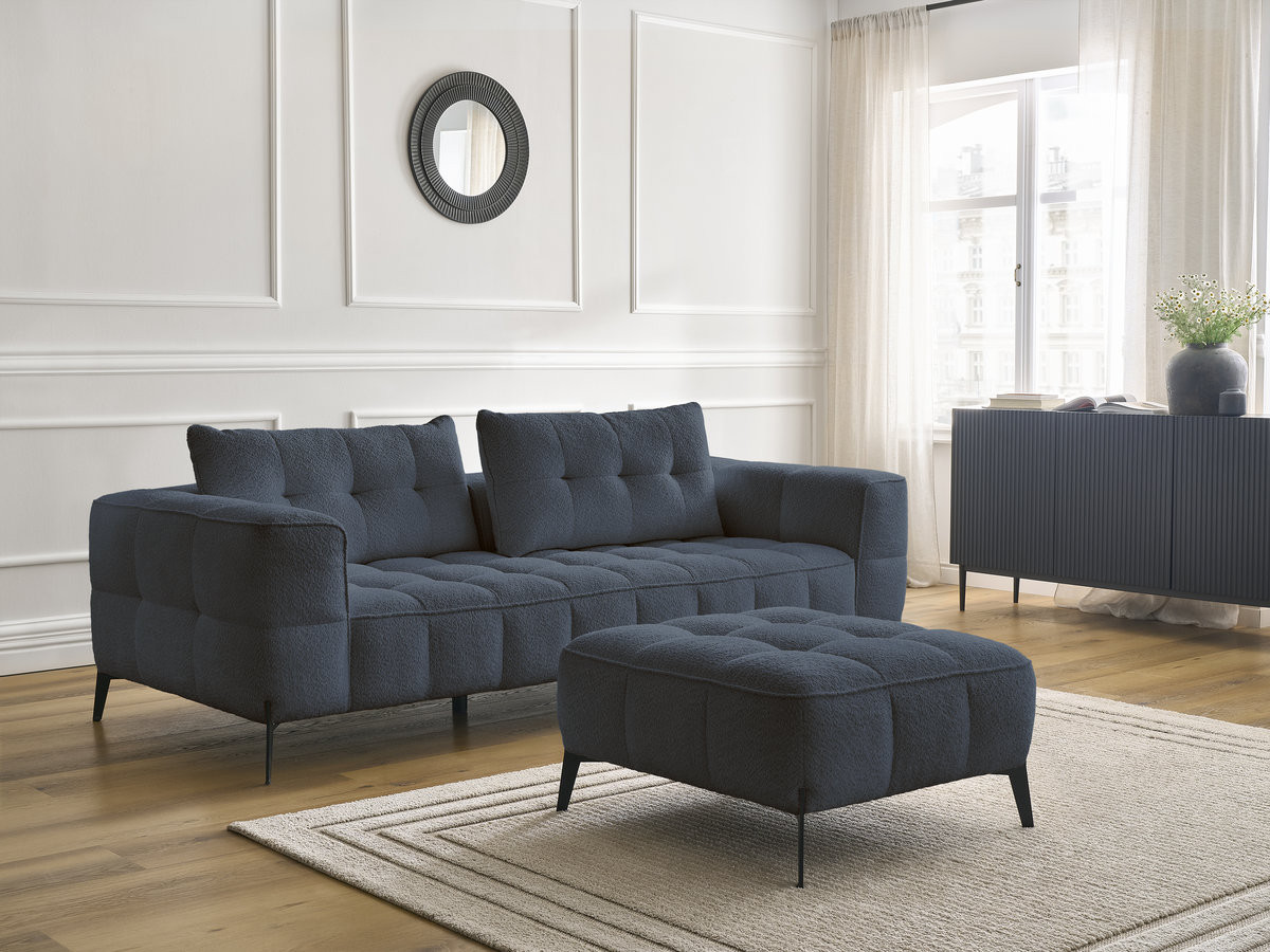 Bobochic Anis Sofa 3-Sitzer mit Pouf Bouclé-Stoff Dunkelblau