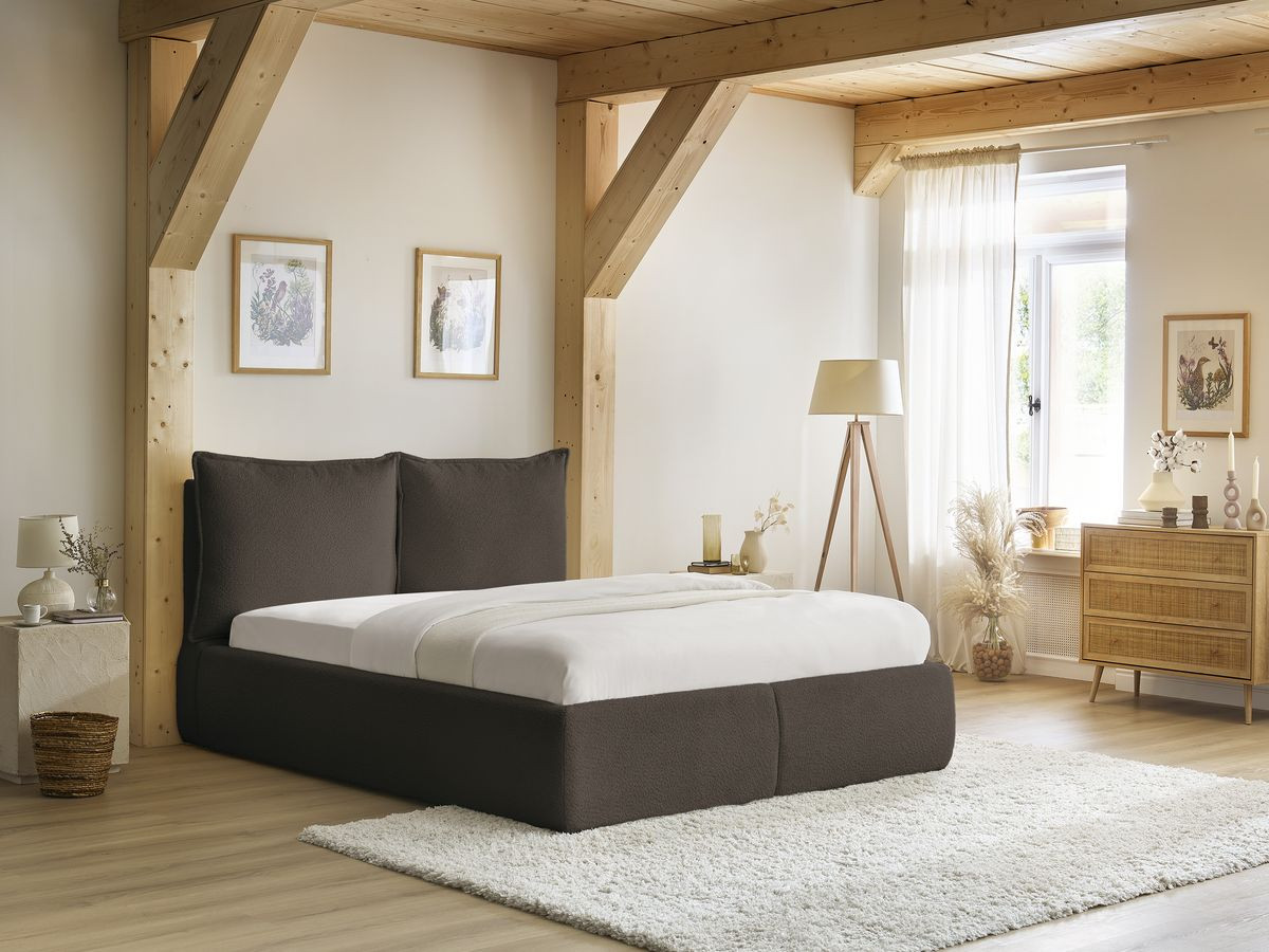 Bobochic Garance Polsterbett mit Bettkasten Bouclé-Stoff Braun, Liegefläche 160 × 200 cm