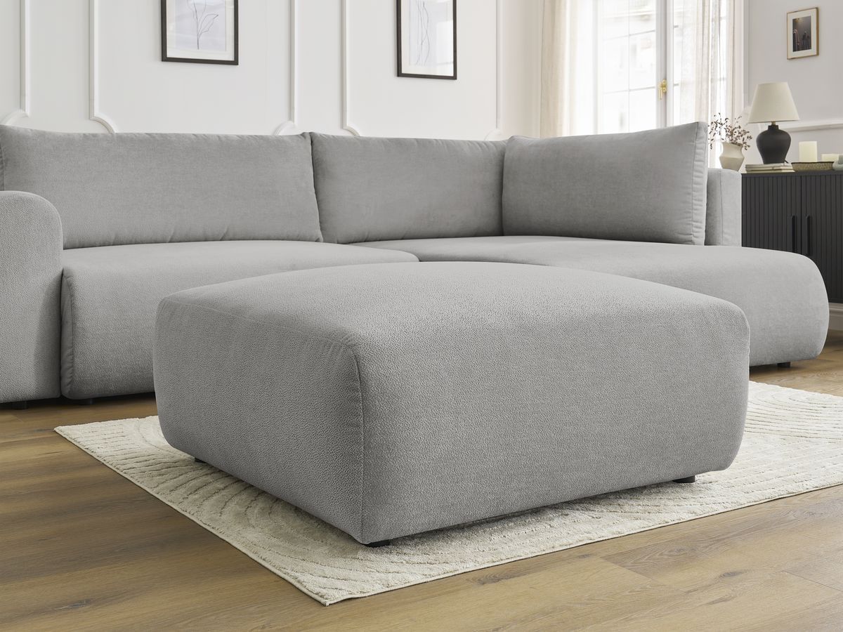 Bobochic Lucien Ecksofa mit Schlaffunktion und Bettkasten und Pouf 296 × 198 cm Stoff Hellgrau Ecke rechts