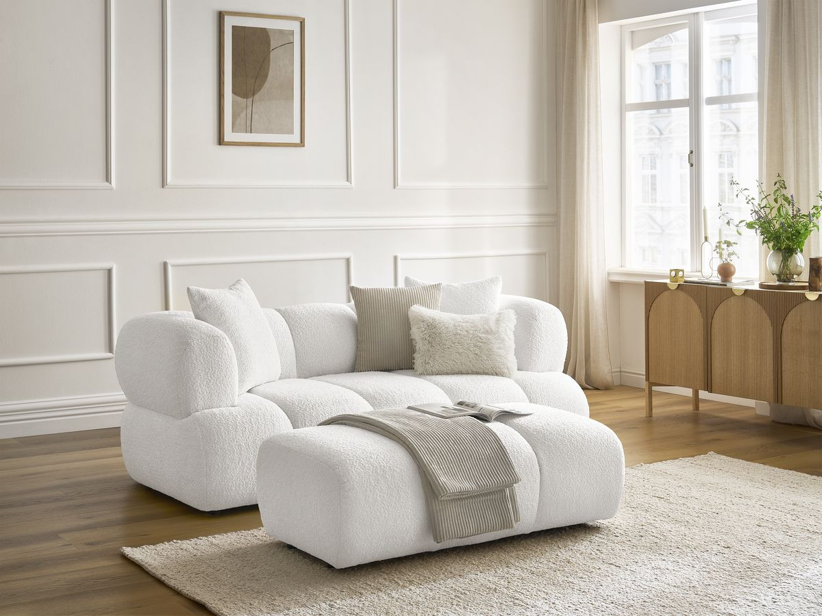 Bobochic Pamira Sofa 2-Sitzer mit Pouf Bouclé-Stoff Weiß