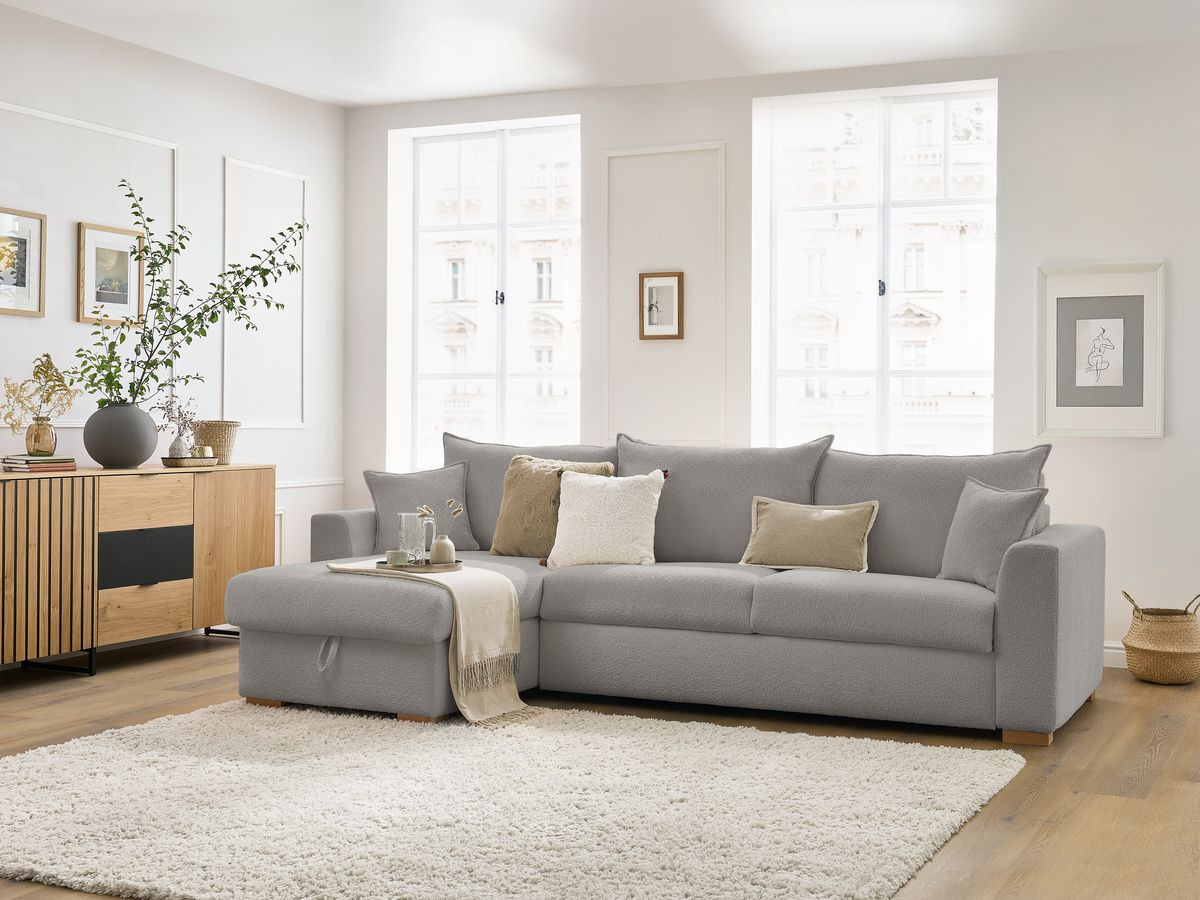 Bobochic Augustin Ecksofa mit Schlaffunktion und Bettkasten Bouclé-Stoff Hellgrau, Liegefläche 160 × 200 cm