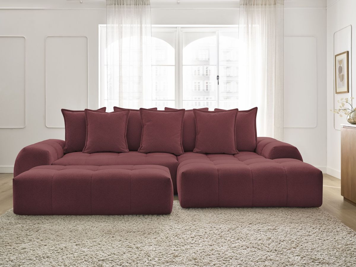 Bobochic Everest Ecksofa mit Schlaffunktion und Bettkasten und Pouf 318 × 180 cm, 7 Kissen Melange-Stoff Rot Ecke rechts