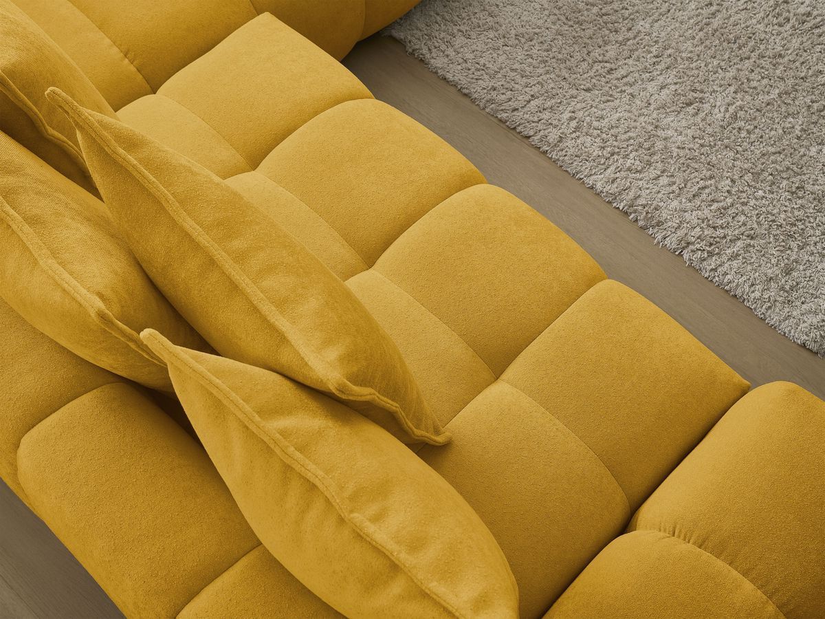 Bobochic Everest Ecksofa mit Schlaffunktion und Bettkasten 320 × 212 cm, 10 Kissen Strukturstoff Gelb Ecke rechts