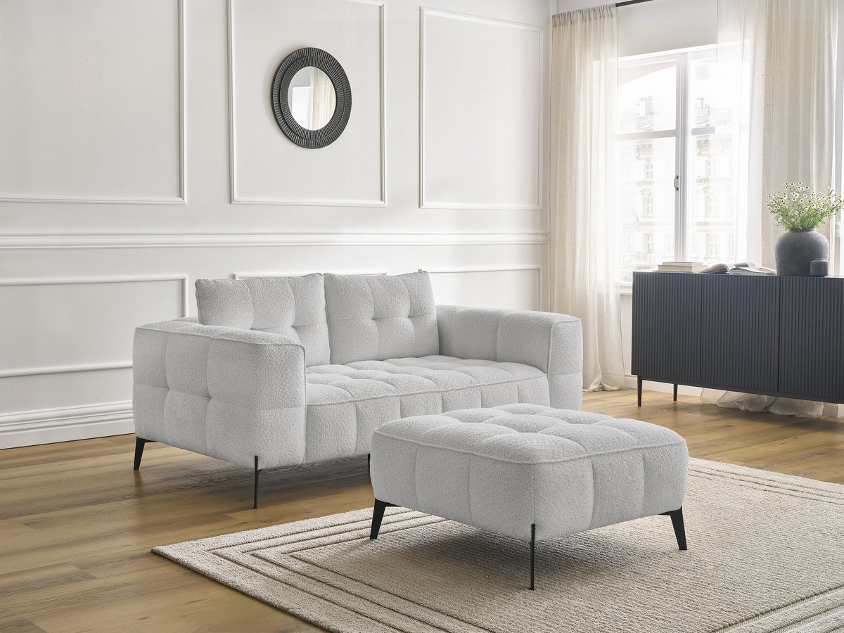 Bobochic Anis Sofa 2-Sitzer mit Pouf Bouclé-Stoff Hellgrau