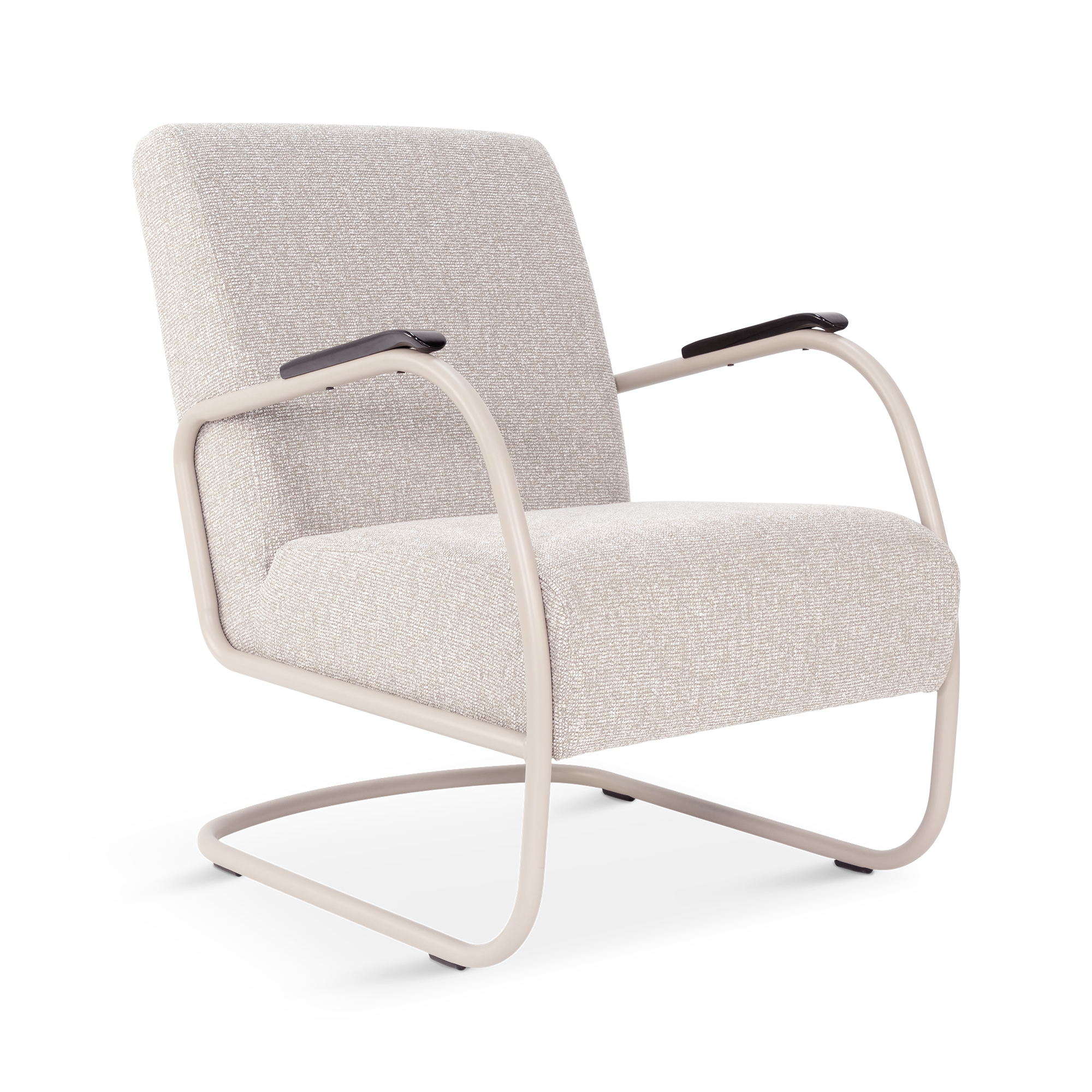 Spinder Design Retro Sessel Mushroom / Sandstone Bouclé – Schrägansicht von vorn, freigestellt