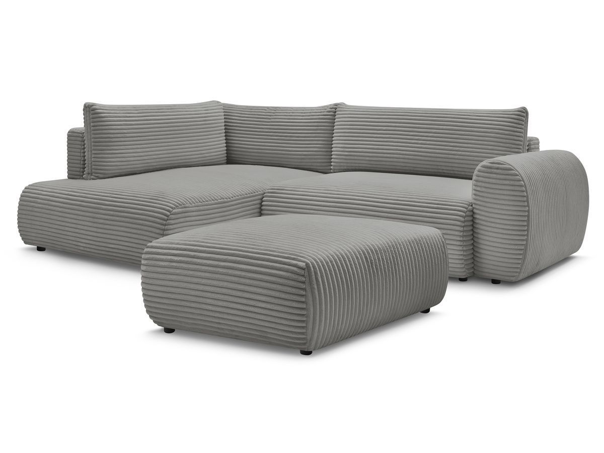Bobochic Lucien Ecksofa mit Schlaffunktion und Bettkasten und Pouf 296 × 198 cm Breitcord weich Dunkelgrau Ecke links