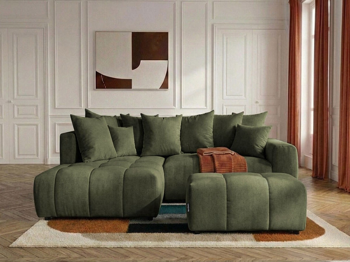 Bobochic Roxelane Ecksofa mit Schlaffunktion und Bettkasten und Pouf Melange-Stoff Grün Ecke links