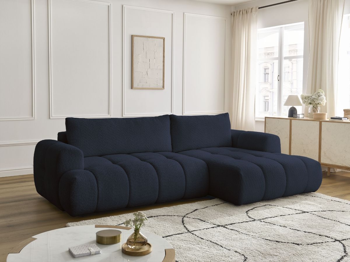 Bobochic Fuji Ecksofa mit Schlaffunktion und Bettkasten 292 × 160 cm Bouclé-Stoff Dunkelblau Ecke rechts