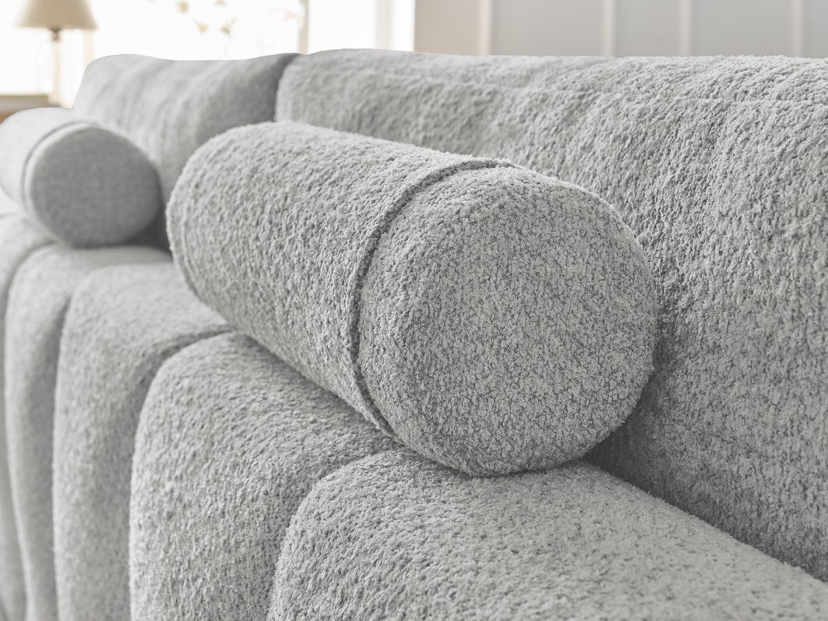 Bobochic Anakin Sofa 3-Sitzer mit Pouf, 2 Kissen Bouclé-Stoff Hellgrau